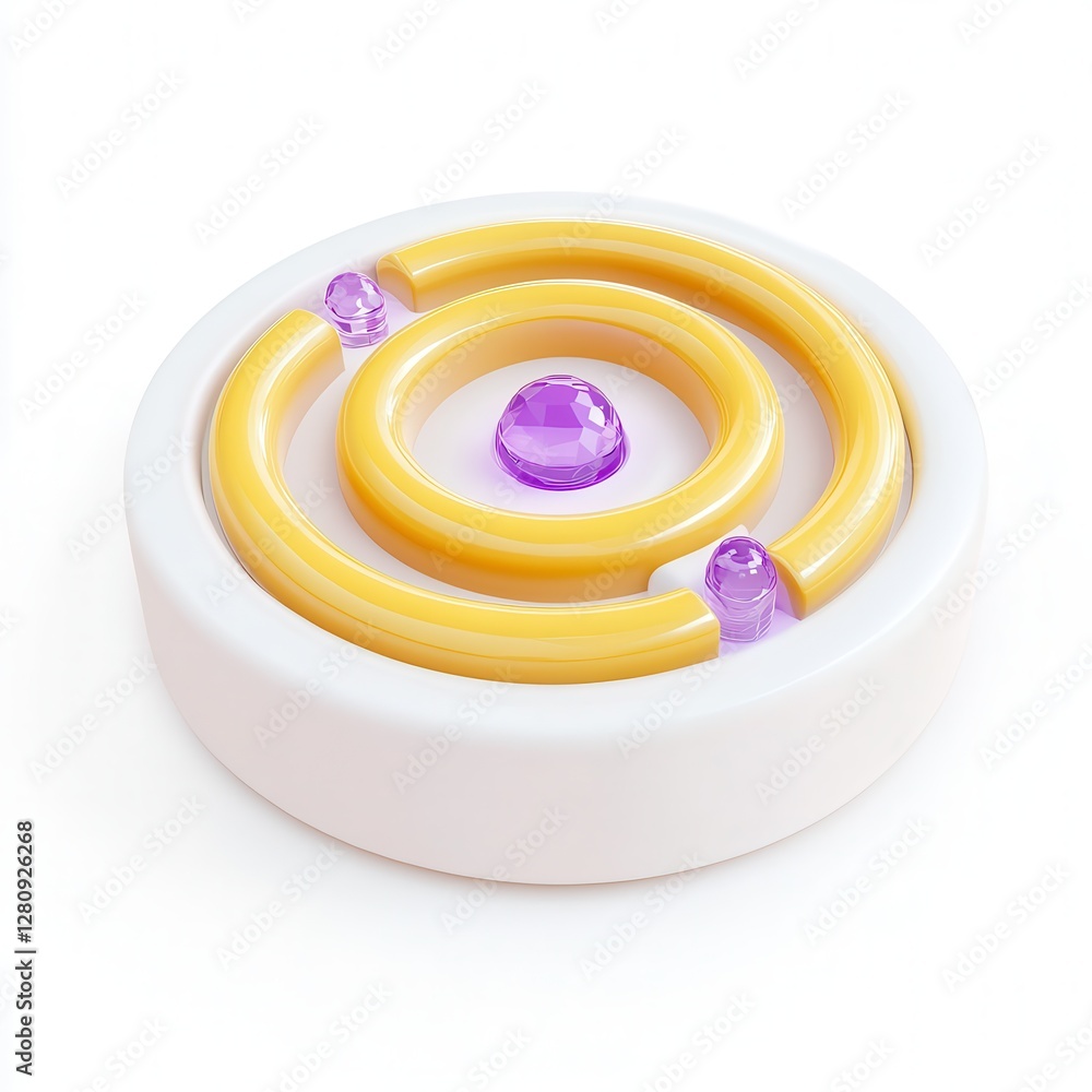 Aufkleber a 3d render of a circular maze with yellow paths and purple gems on a white background.