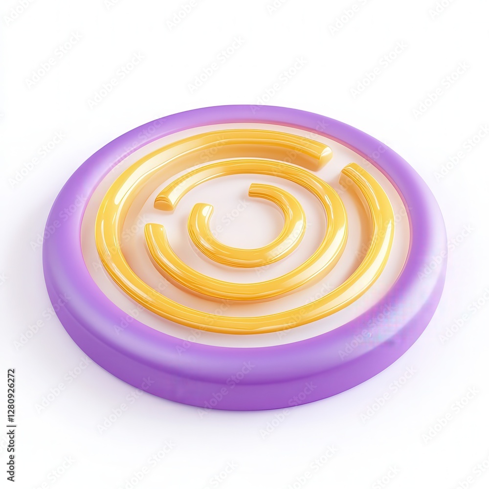 Poster a vibrant 3d render of a circular labyrinth design with yellow and purple colors on a smooth surface