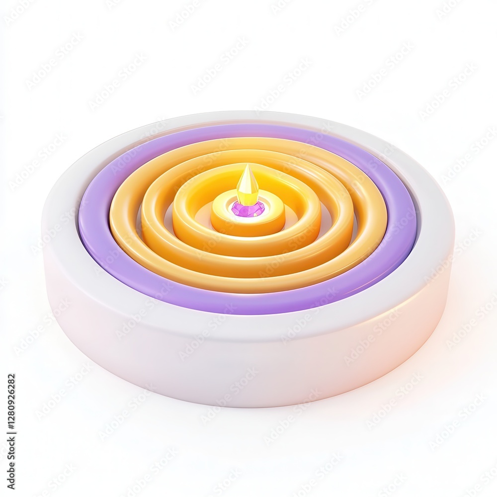 Poster a colorful 3d render of concentric circular layers with a small flame in the center, showcasing a so