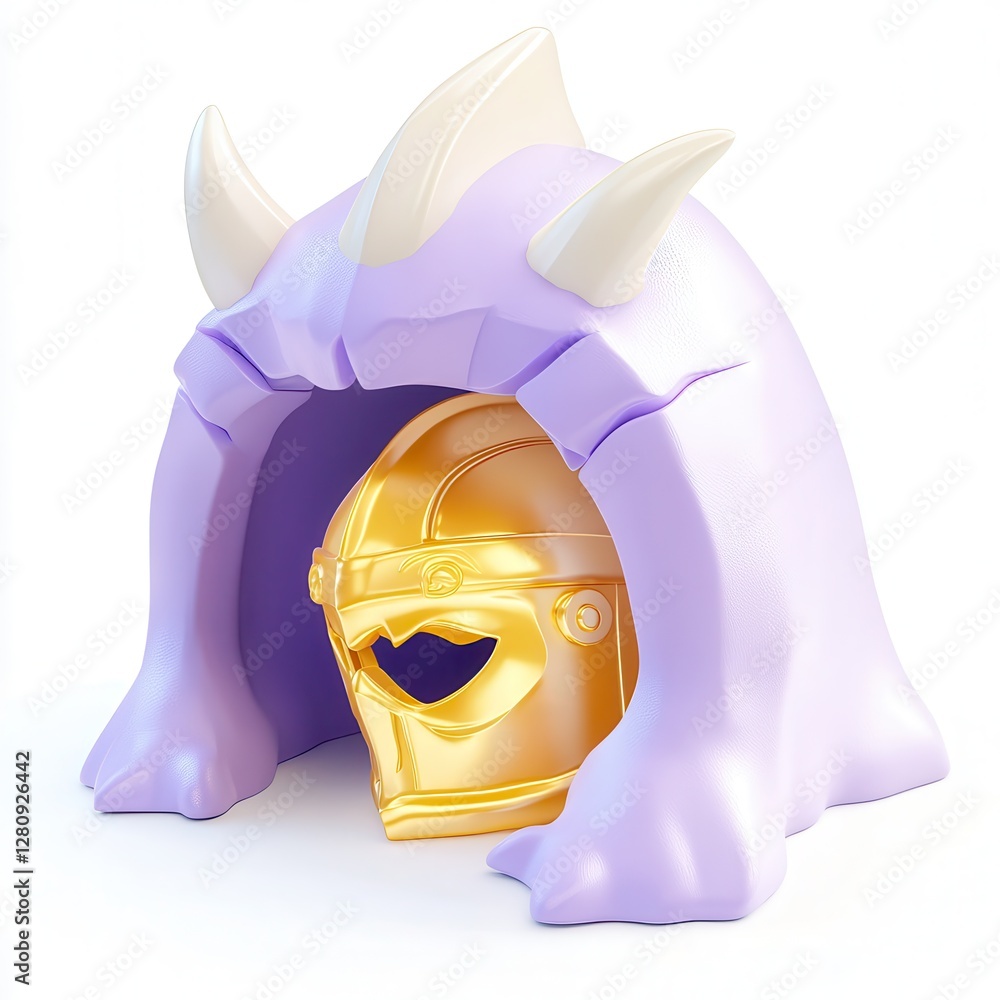 Poster a whimsical 3d render of a helmet inside a soft, colorful cave-like structure with spikes on top.