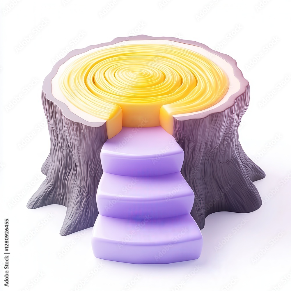 Poster a whimsical 3d representation of a tree stump with a spiral pattern and colorful steps leading into 