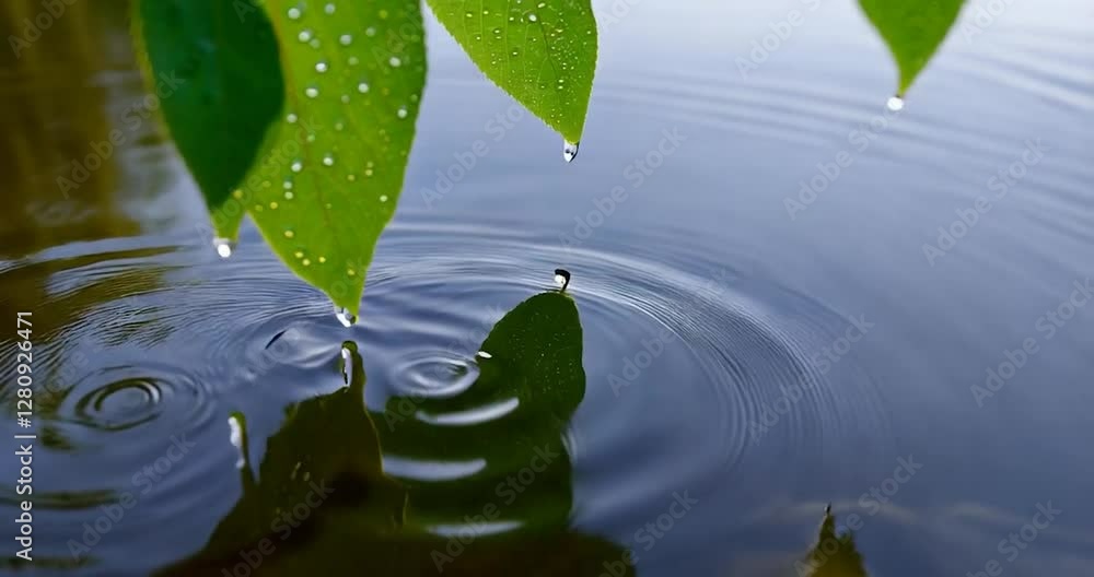 Poster green leaves with raindrops, water surface with ripples and reflection. shallow depth of field. clos