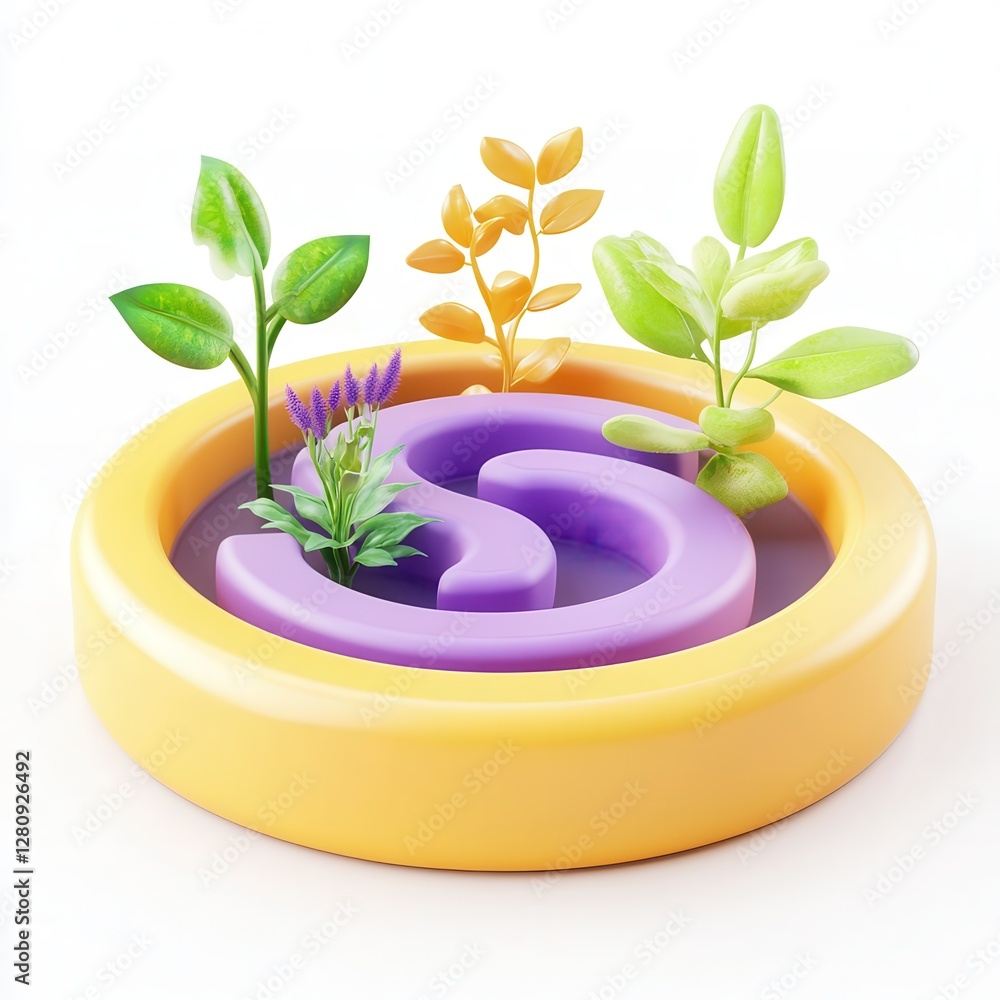 Poster a colorful 3d display featuring plants in a circular container with a purple element, showcasing vib
