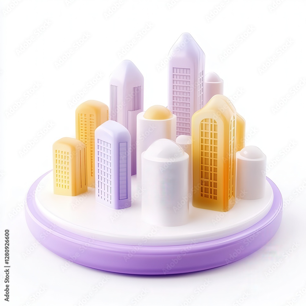 Poster a colorful 3d model of a small cityscape with various geometric buildings arranged on a circular bas