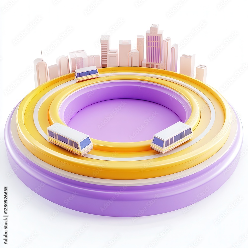 Poster a colorful 3d representation of a circular transportation system with stylized buildings in the back