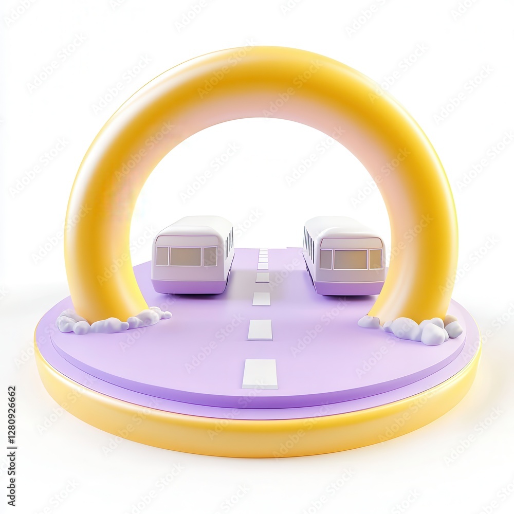 Poster a colorful 3d rendering of a train passing through a circular arch on a stylized road.