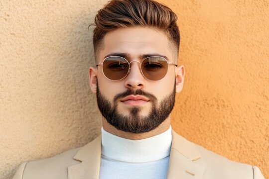 Handsome confident stylish hipster lambersexual modelSexy modern man dressed in elegant beige suit Fashion male posing in the street in city at sunset In sunglasses Near wall