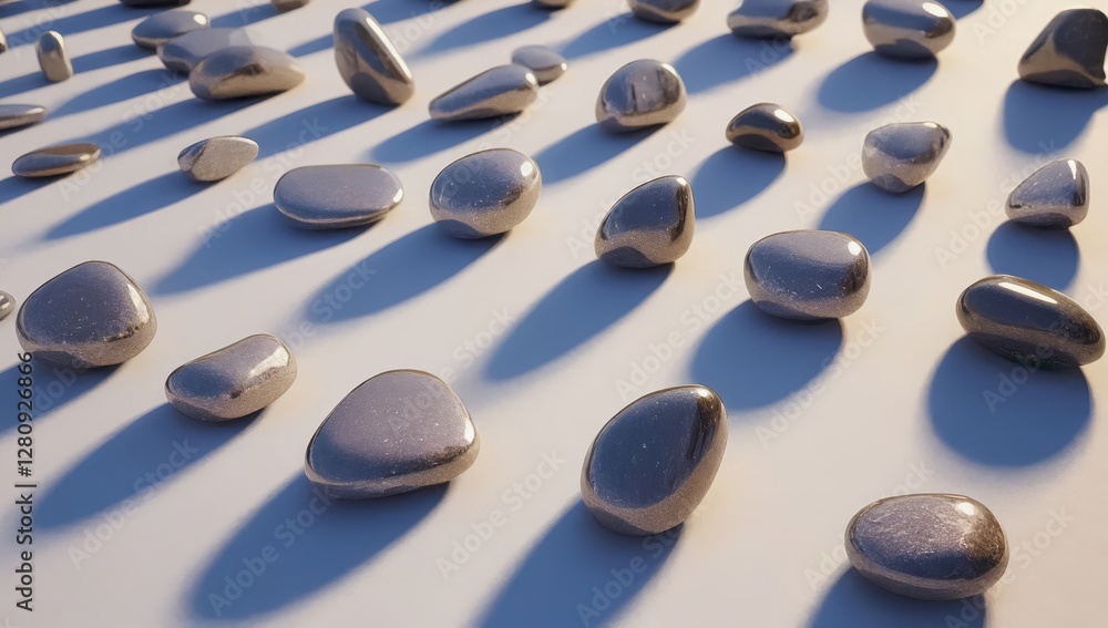 Poster smooth gray pebbles varying in shape and size casting elongated shadows across pristine white surfac