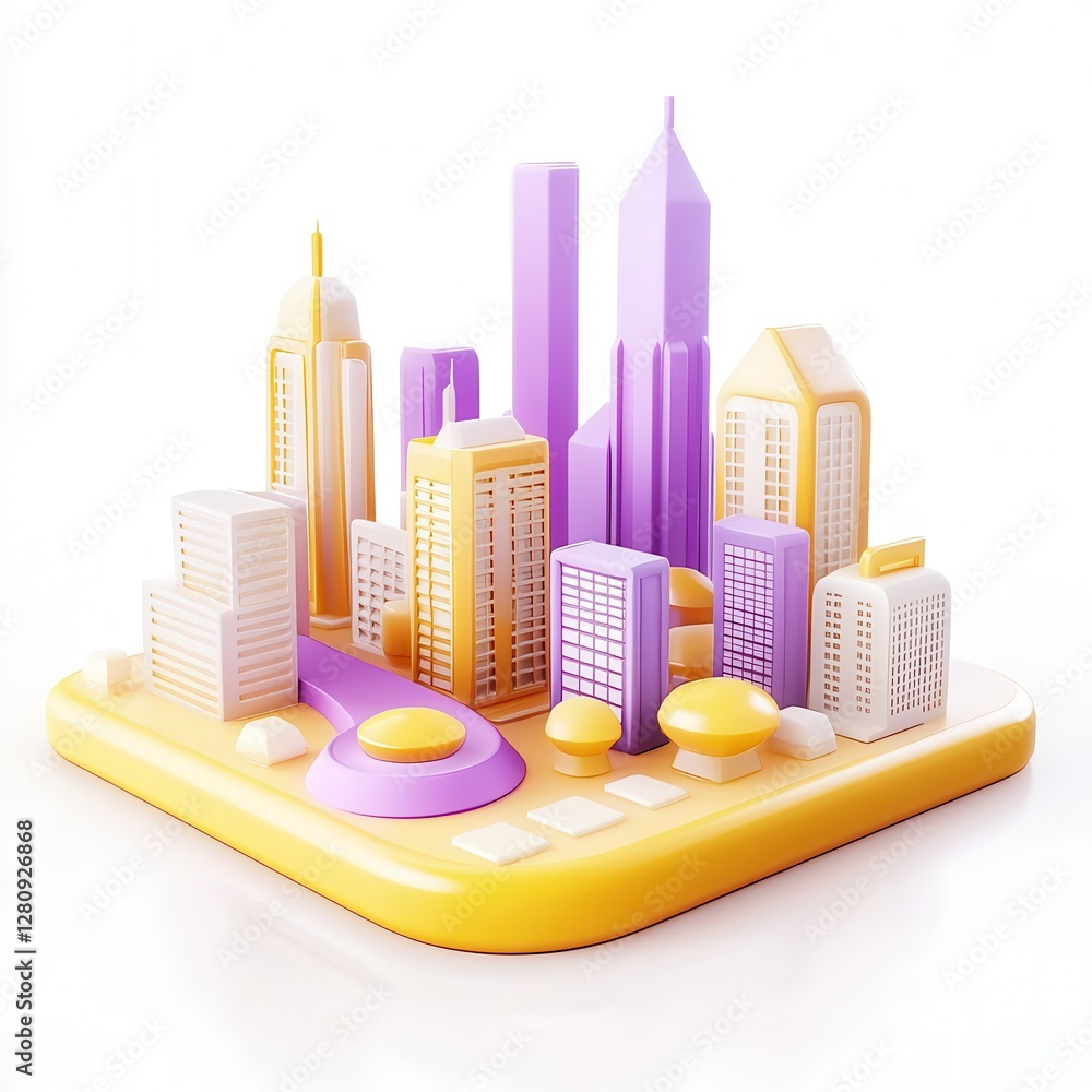Poster a colorful 3d model of a cityscape featuring diverse skyscrapers and unique architecture.