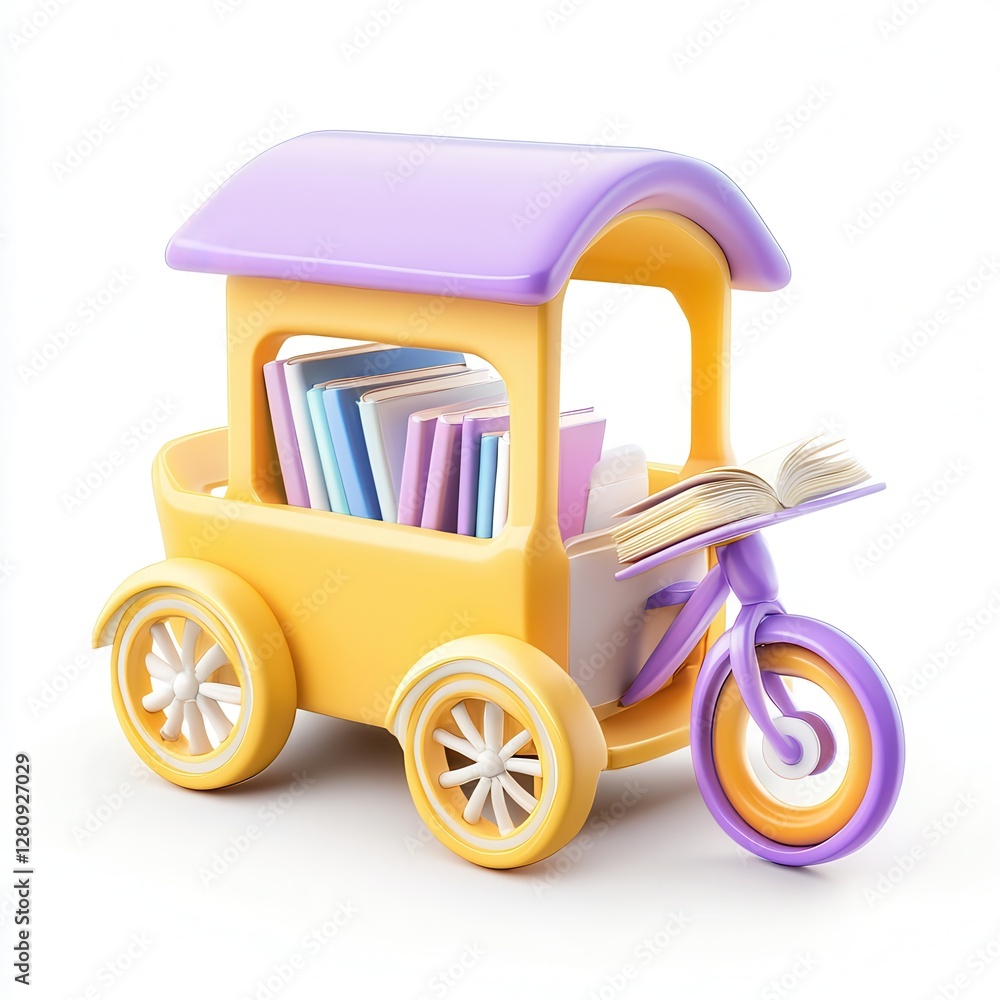 Poster a colorful toy cart with books and an open book attached to a bicycle.
