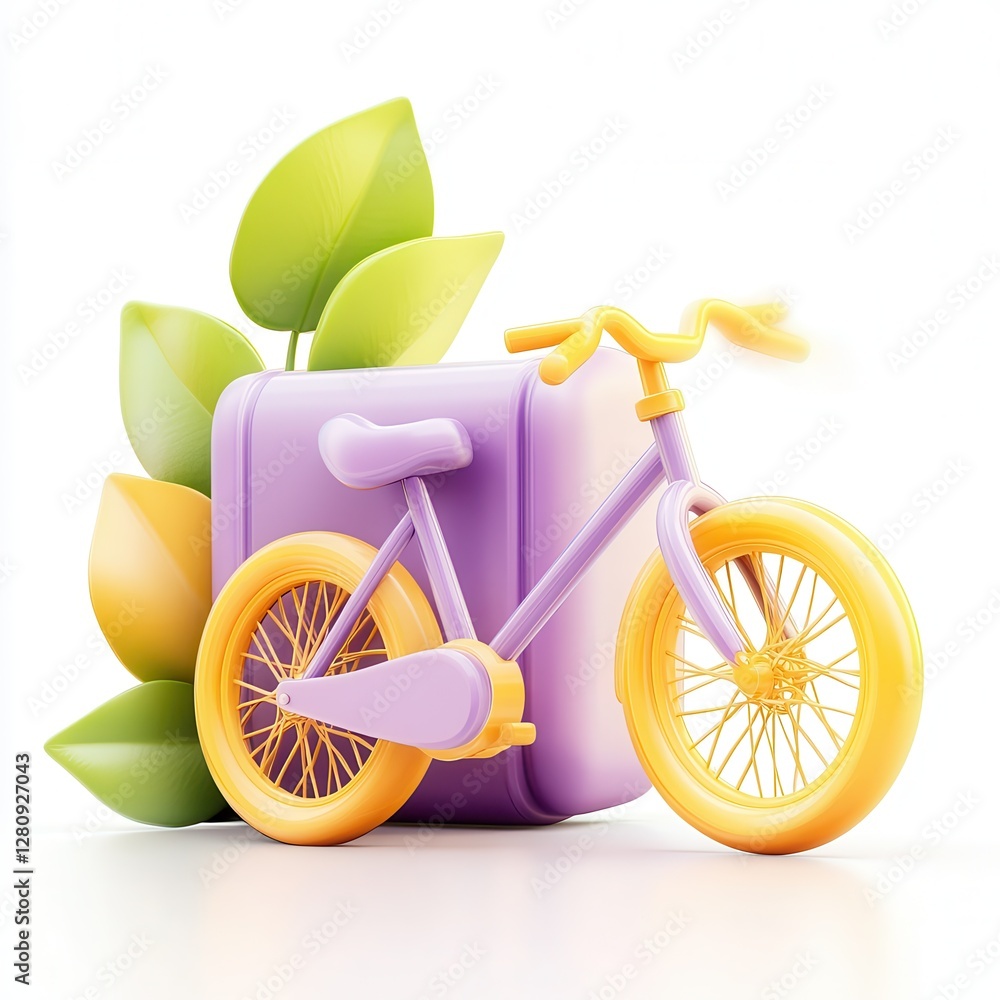 Poster a colorful bicycle model displayed with leaves and a box, creating a vibrant 3d render.