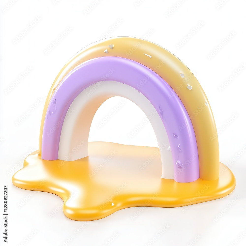 Poster a colorful 3d rendering of a playful rainbow with a glossy surface, set on a vibrant yellow puddle-l