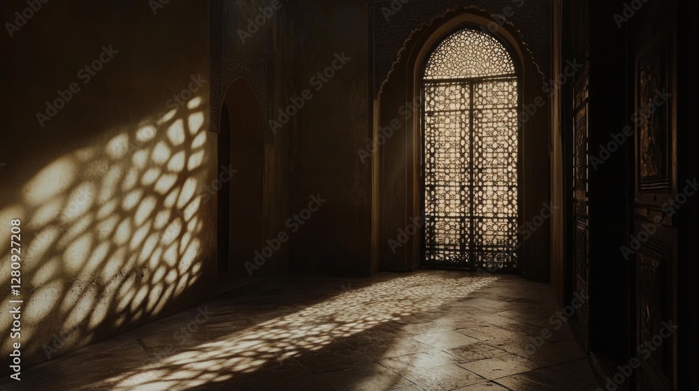 Poster Light filters through an intricately designed entrance, casting delicate shadows across a weathered stone floor. The atmosphere whispers of history and secrets long held within these walls