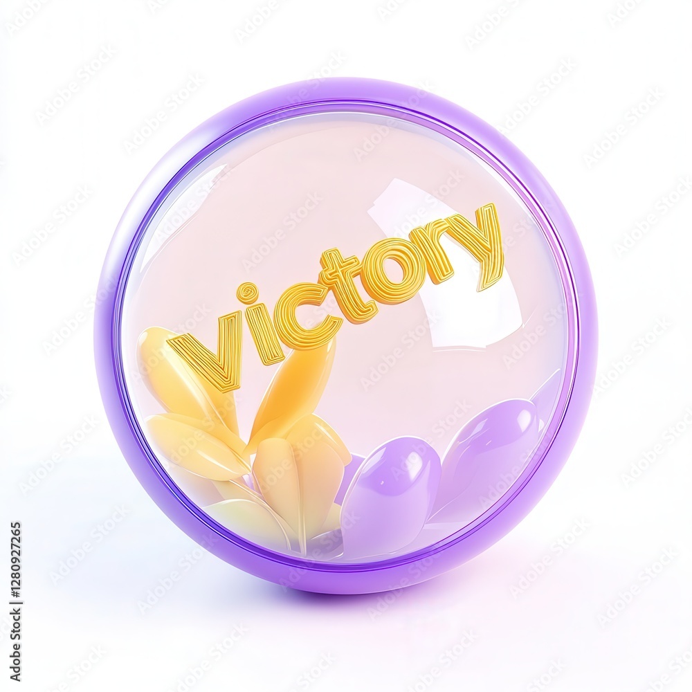 Poster a 3d rendering of a translucent sphere featuring the word 'victory' surrounded by stylized leaves in