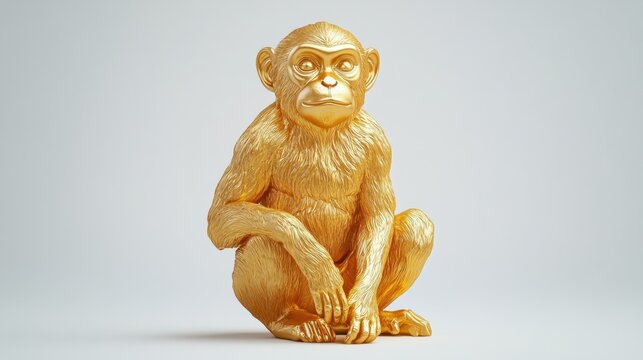 A golden statue of a monkey white isolate background