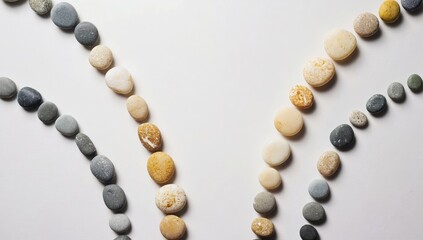 Obraz premium Colorful pebbles aligning diagonally and converging toward central point, forming geometric pattern against pristine white surface with ample negative space