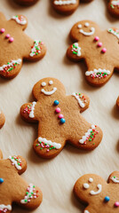 Freshly decorated gingerbread cookies with colorful icing for holiday celebration