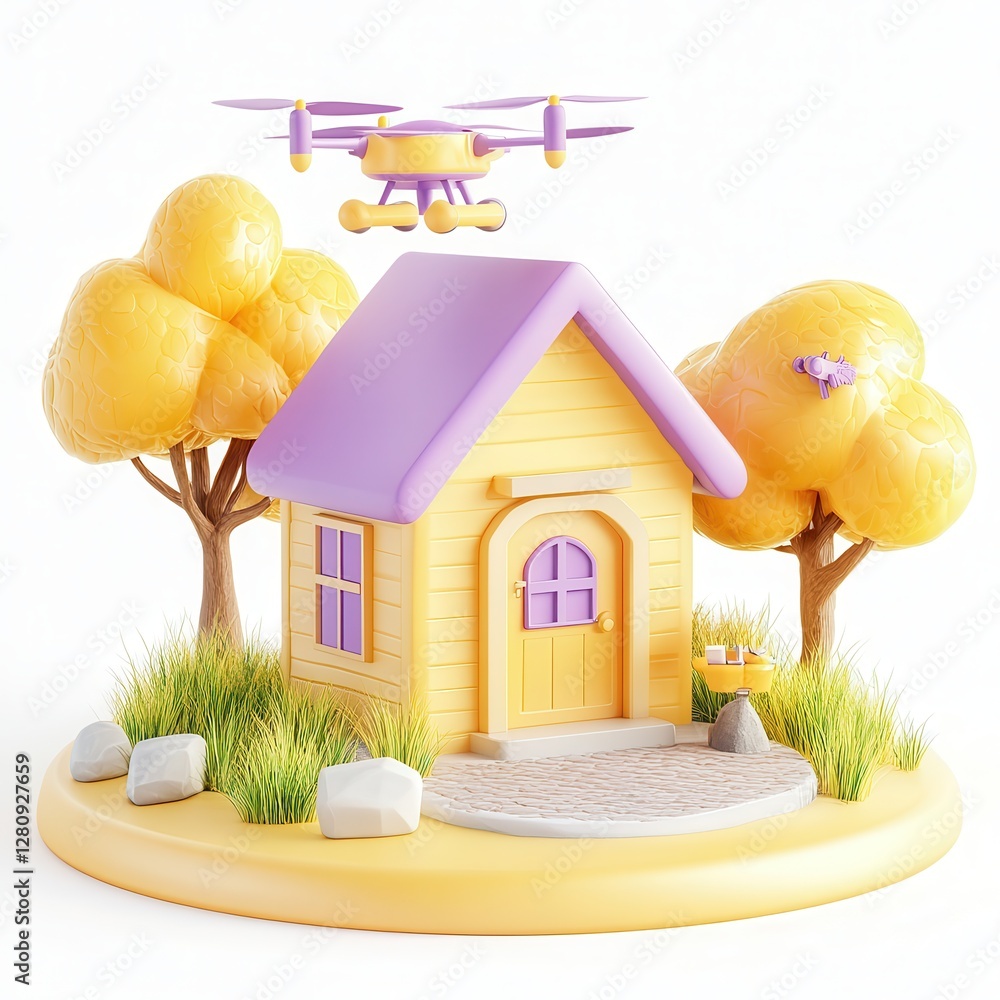 Poster a colorful 3d model of a small house with a drone flying above it, surrounded by trees and grass.