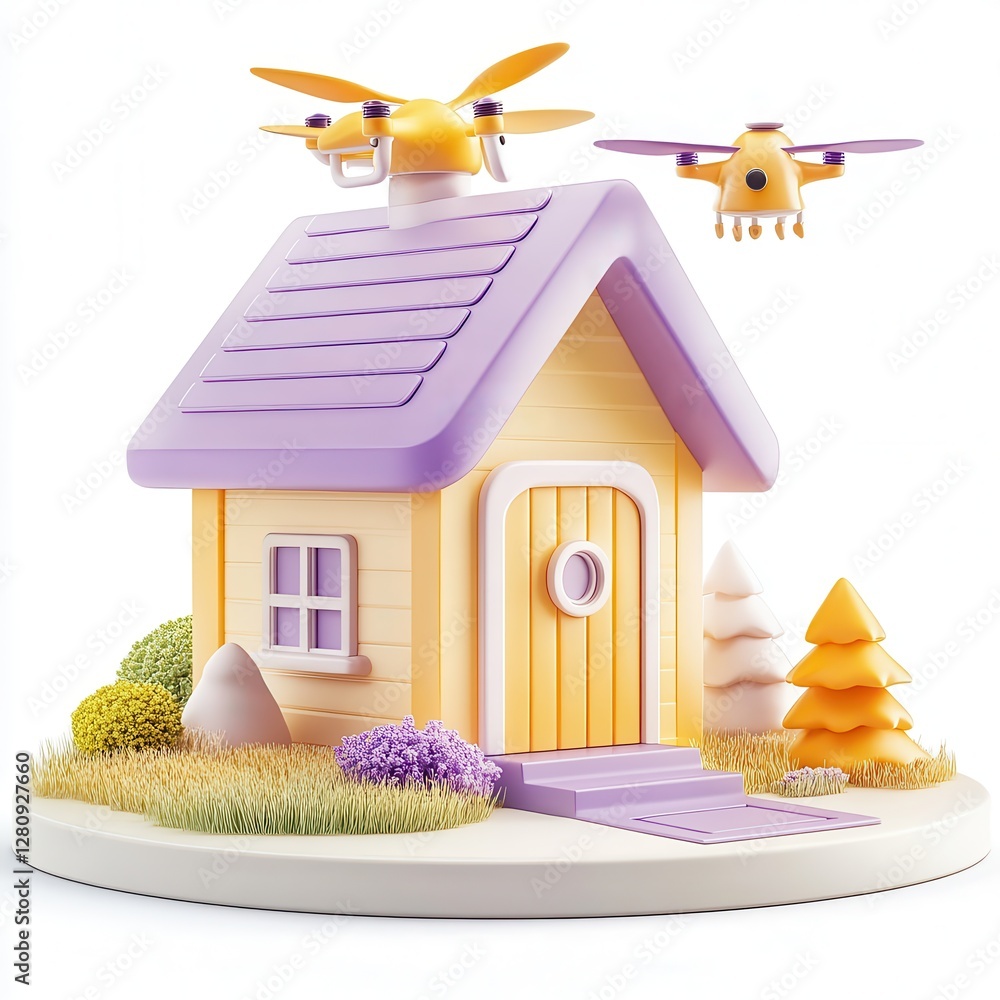 Poster a charming 3d model of a colorful house with a drone flying overhead, surrounded by trees and grass.