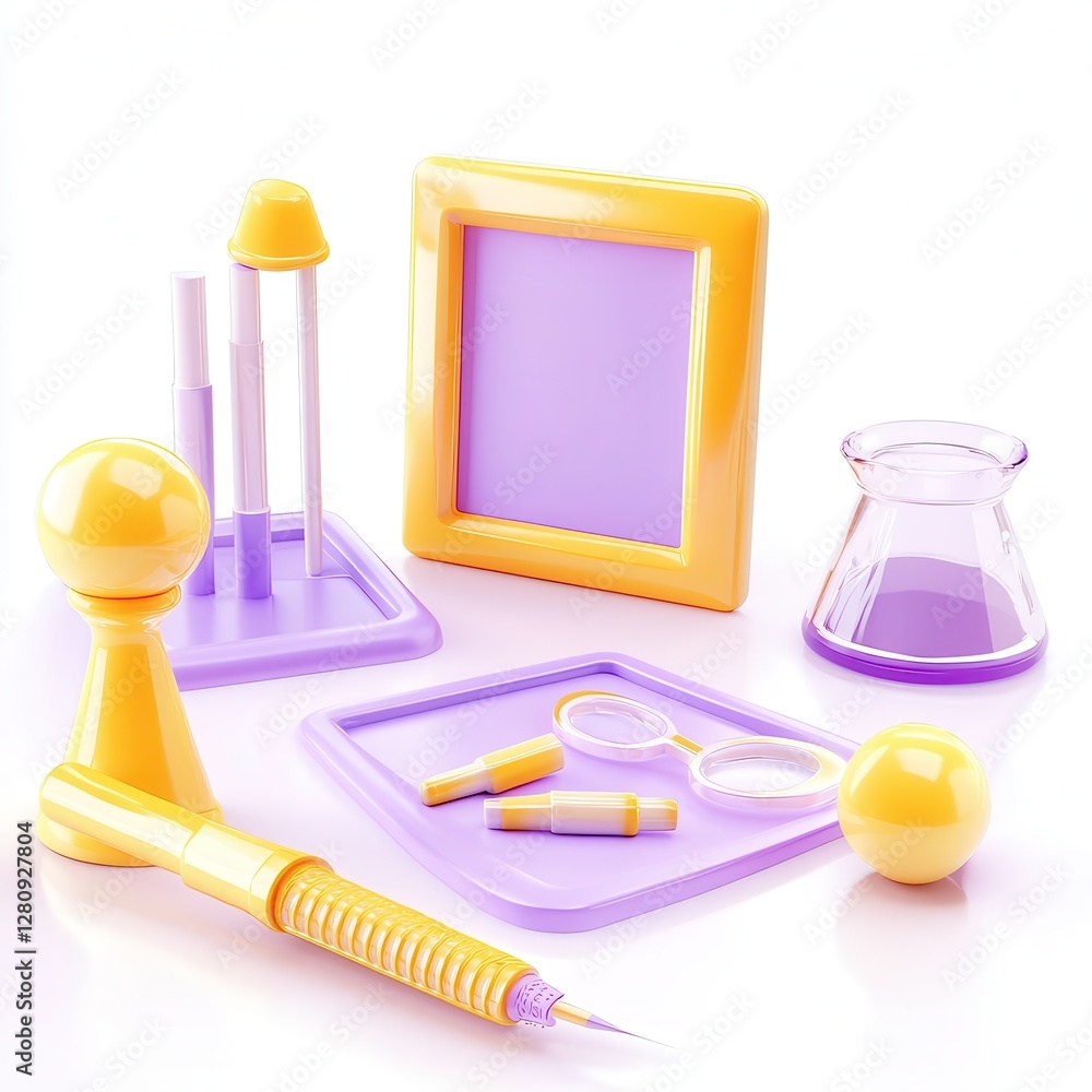 Aufkleber a colorful arrangement of various laboratory instruments and objects in purple and yellow colors.
