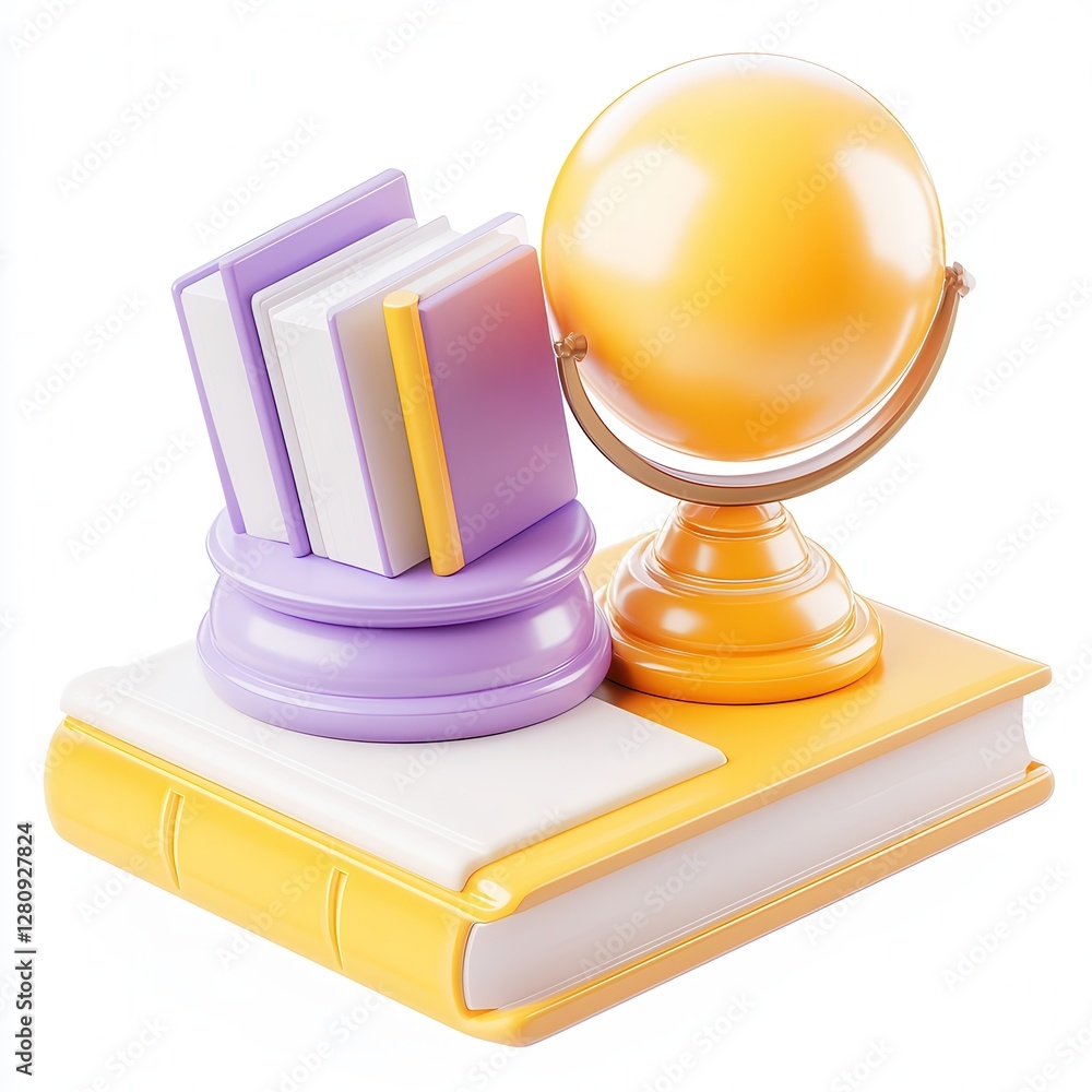 Poster a colorful 3d rendering of books and a globe, showcasing a vibrant study or learning theme.