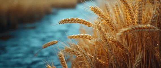 Golden wheat fields sway in the wind as the river flows under a blue sky at sunset in a cinematic setting