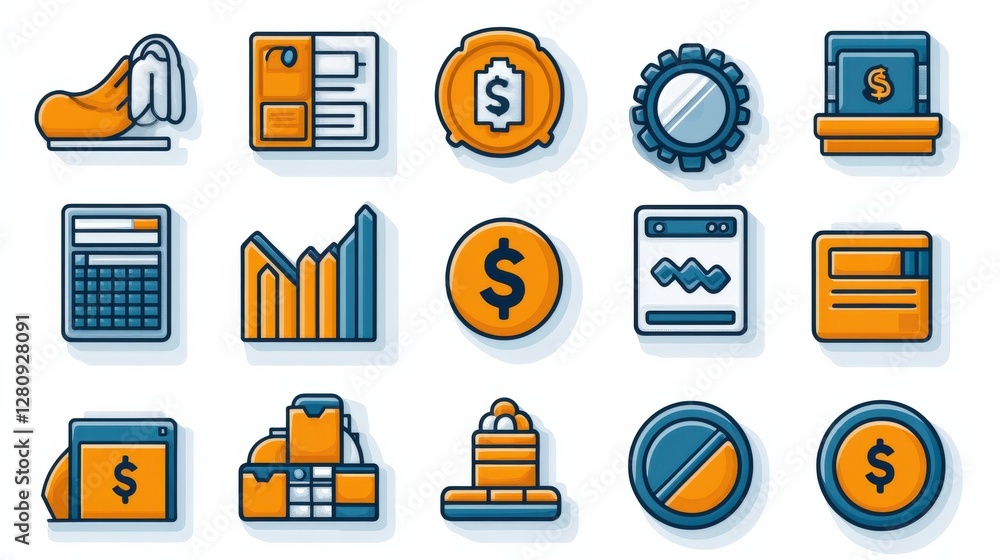 Poster colorful icons representing finance and business concepts on a clean background for digital use