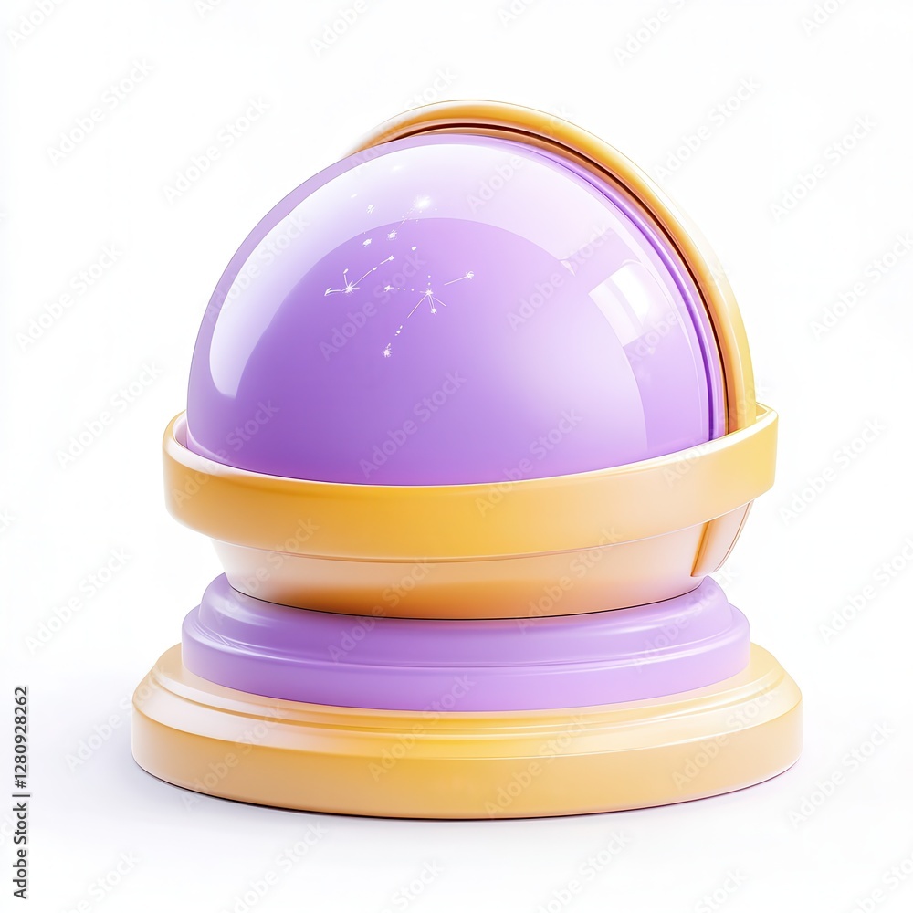 Poster a whimsical purple and yellow spherical model resembling a celestial globe with star patterns and a 