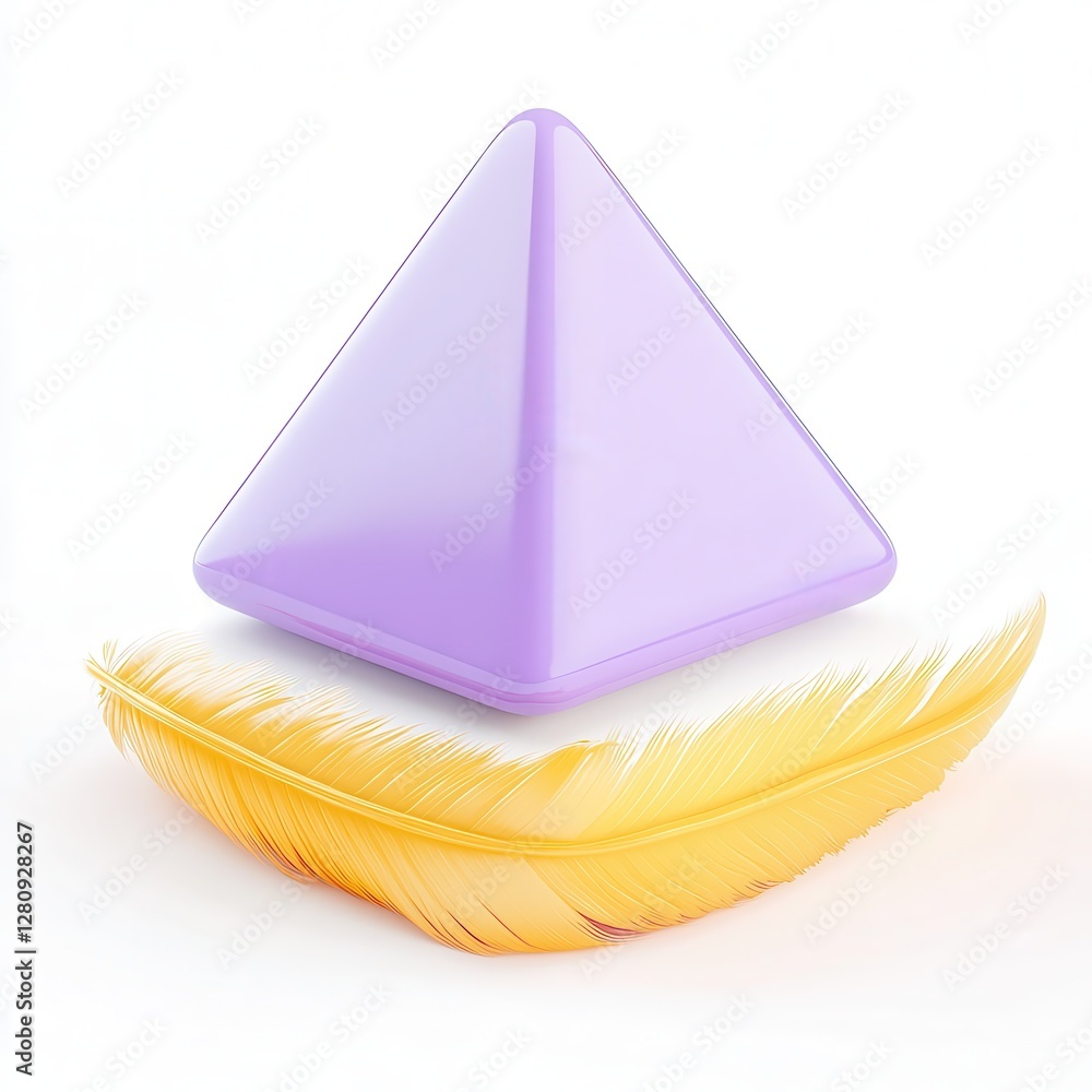 Poster a purple pyramid shape next to a soft yellow feather, showcasing a blend of 3d design elements with 