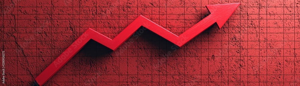 Poster growing upward trend in finance with a striking red arrow on a textured background for success and p