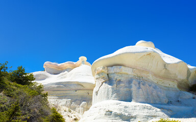 Amazing limestone eroded rock formations with layered textures shaped by natural forces. Green...