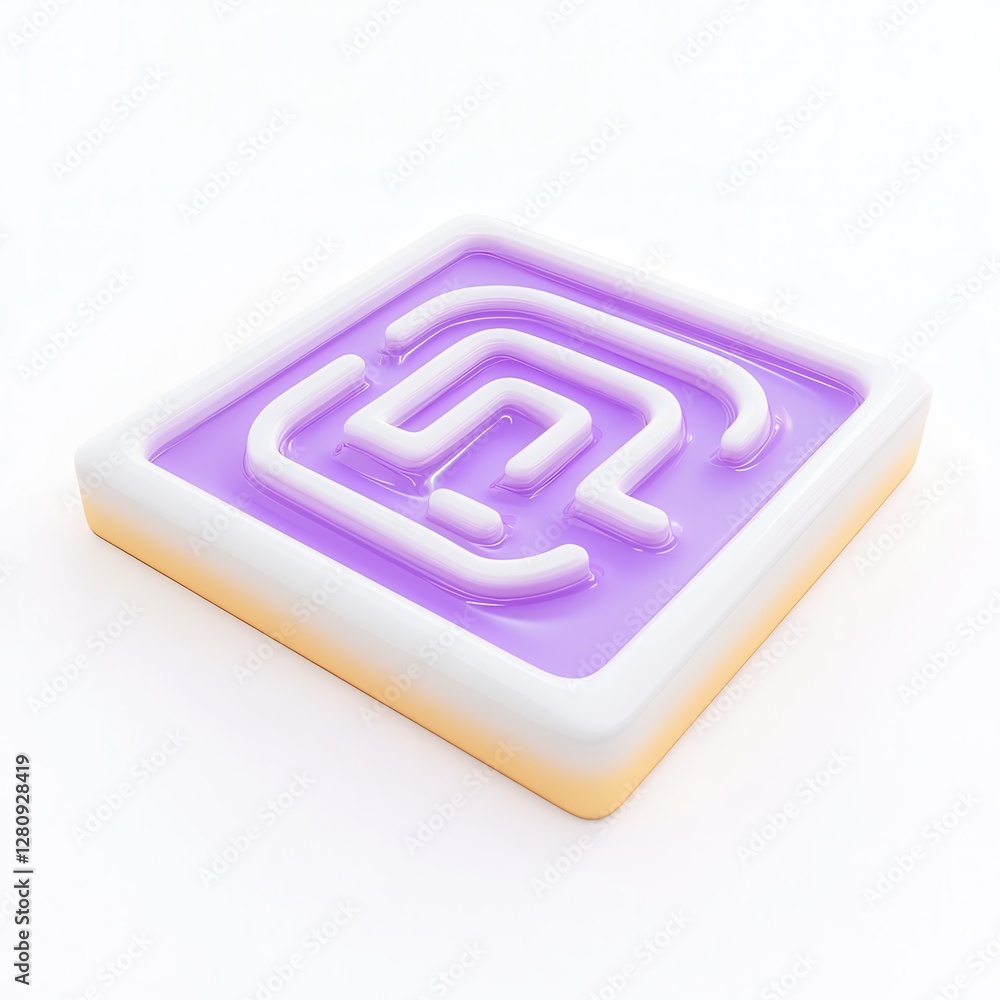 Poster a 3d rendered maze design on a square base with a smooth, purple surface.