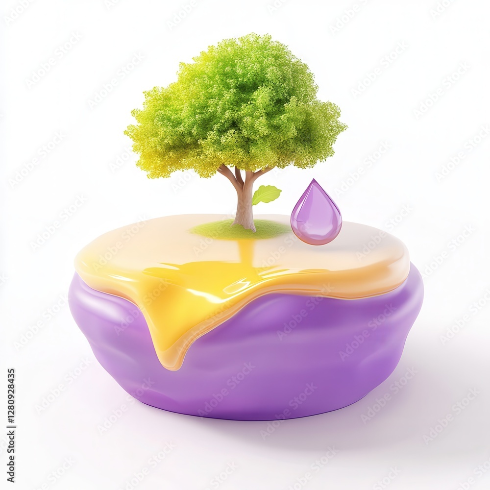 Poster a colorful 3d rendering of a tree sitting atop a stylized container with a droplet of liquid, demons
