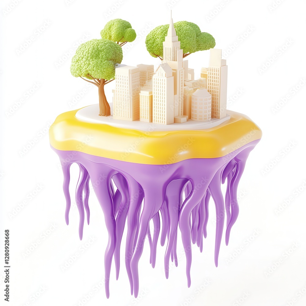 Poster a whimsical floating cityscape with trees on a colorful base, showcasing modern architecture in a su