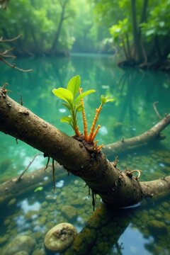 Mangrove propagules on a partially submerged branch, propagules,
