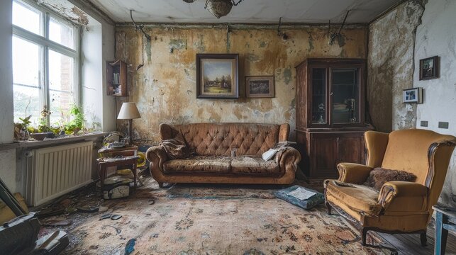 Decaying living room shows aged furniture and cracked walls