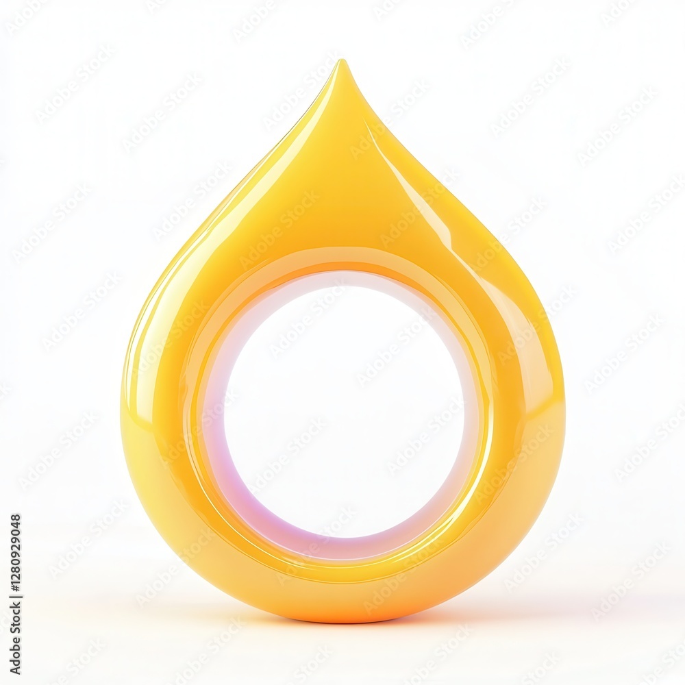 Poster a glossy yellow droplet shape with a circular opening in the middle, showcasing a smooth and shiny s