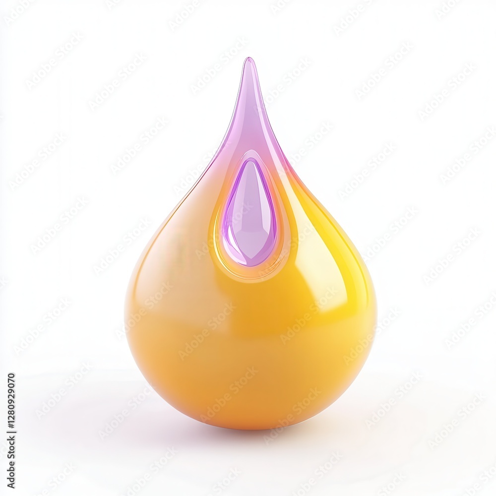 Poster a stylized drop-shaped object with a gradient of yellow and purple colors, reflecting light in a 3d 
