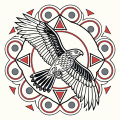Hawk Mandala Art: Detailed Bird Illustration in Circular Geometric Design, Tribal Style Graphic for Tattoo or Print