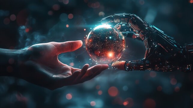 Close-up of a human and robotic hand exchanging a glowing digital sphere, symbolizing AI collaboration, innovation, and the future of technology. Ideal for artificial intelligence, robotics