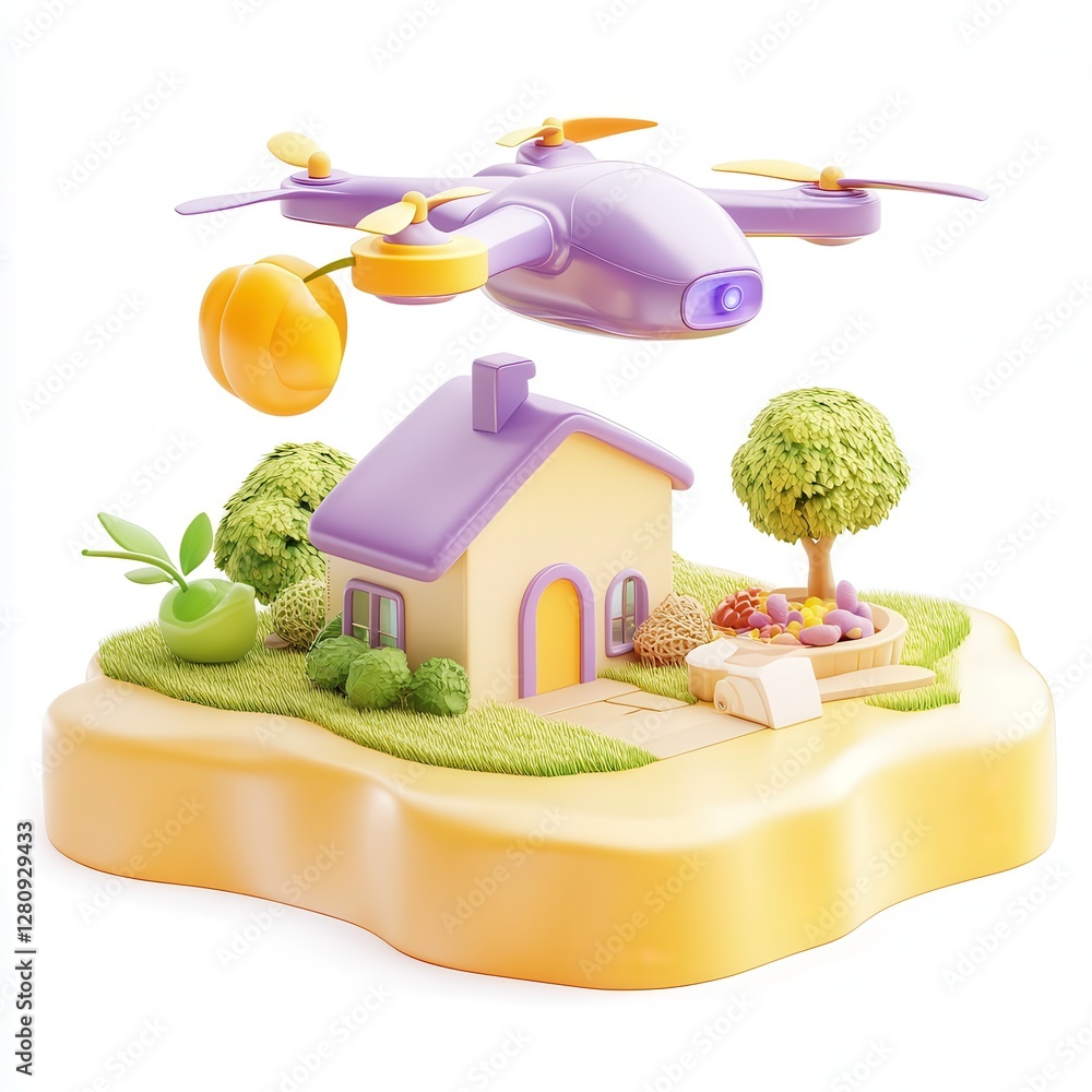 Poster a colorful 3d render of a drone hovering over a small house with lush greenery and fruits, showcasin