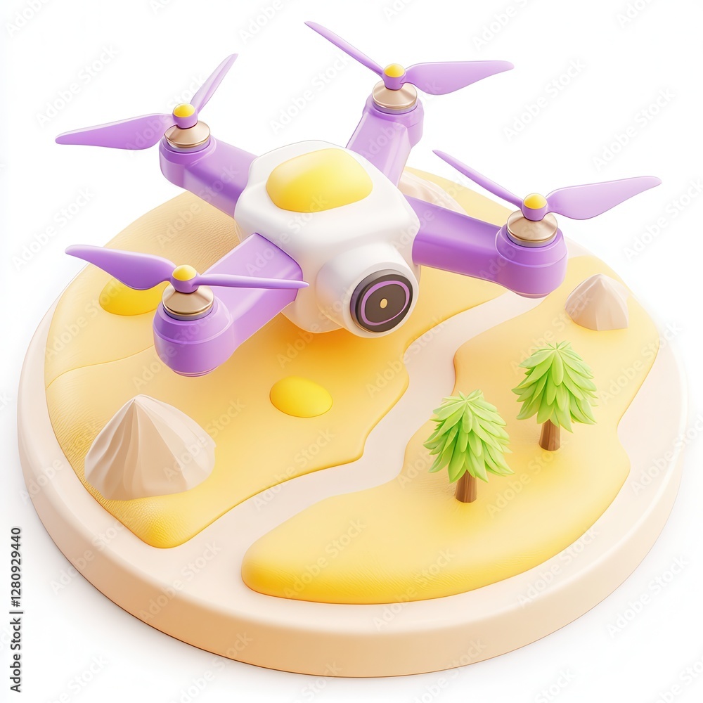 Poster a colorful 3d render of a drone on a stylized landscape with trees and mountains.