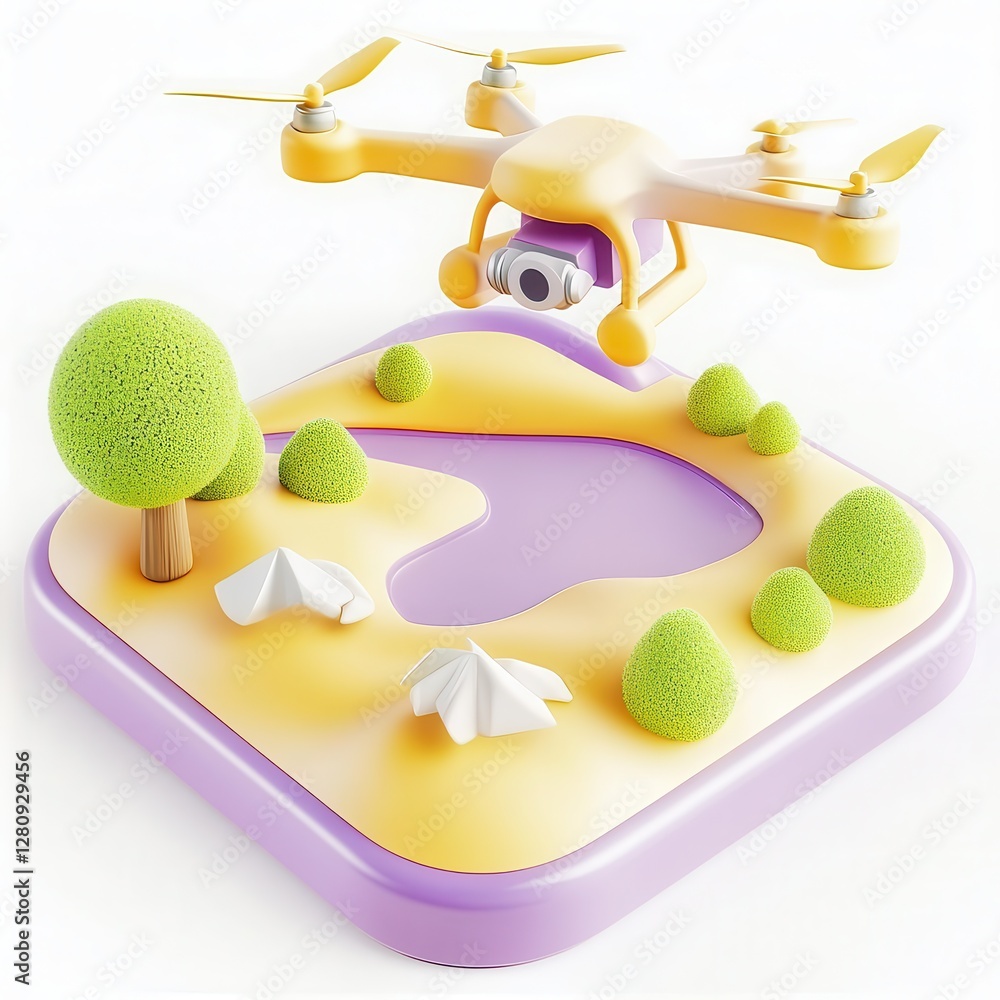 Poster a colorful 3d rendered scene featuring a drone over a stylized landscape with trees and a pond.