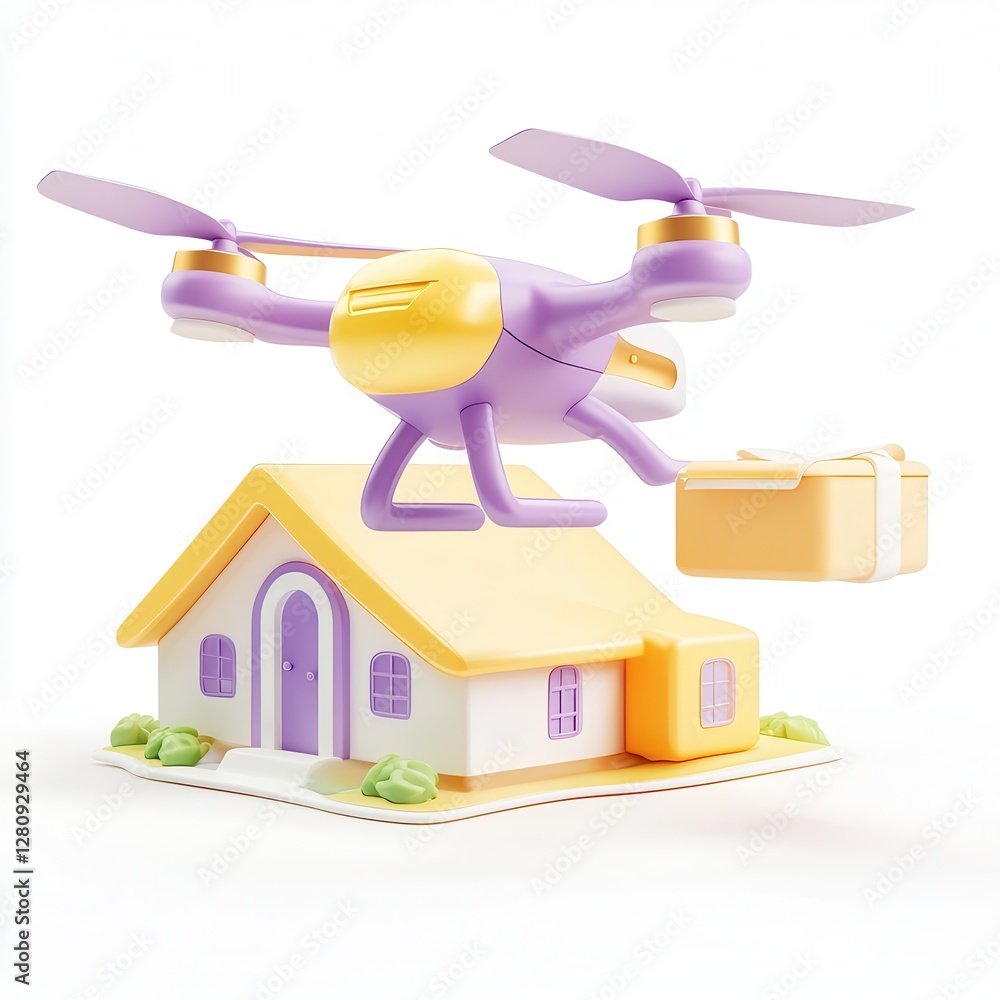Poster a colorful 3d rendering of a drone delivering a package to a cartoon-style house.