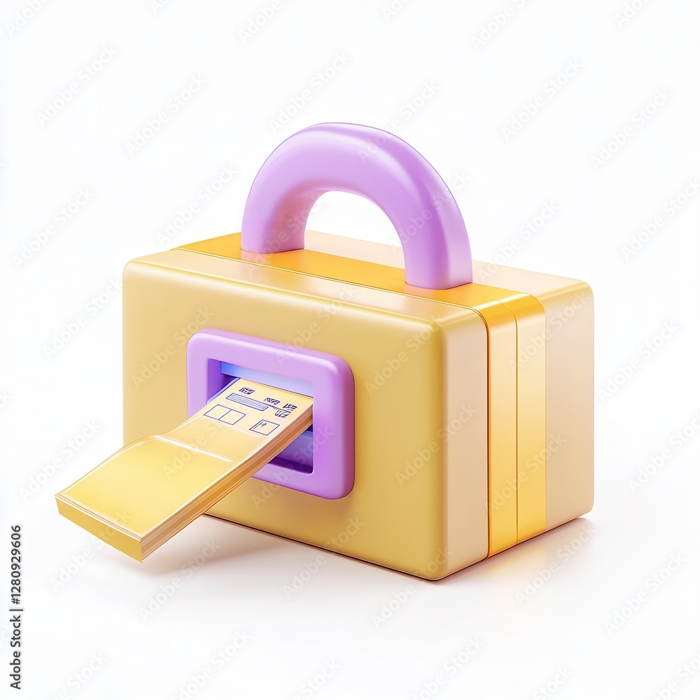 Poster a colorful toy-like cash register with a handle and a note being inserted.