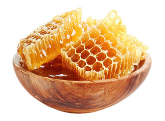 Golden honeycomb dripping with honey in a wooden bowl, isolated on transparent cutout background