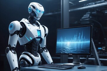 Fototapeta premium Robot Standing Before a Glowing Computer Screen, Exploring Data Transmitted