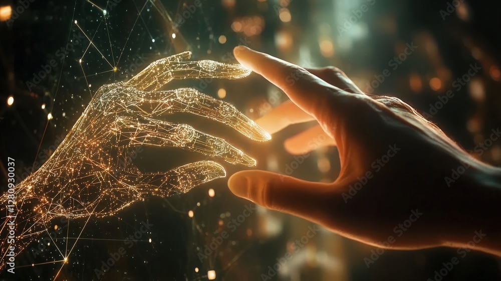 Poster a close-up of a human hand and a robotic hand touching fingertips, glowing with a big data network, 