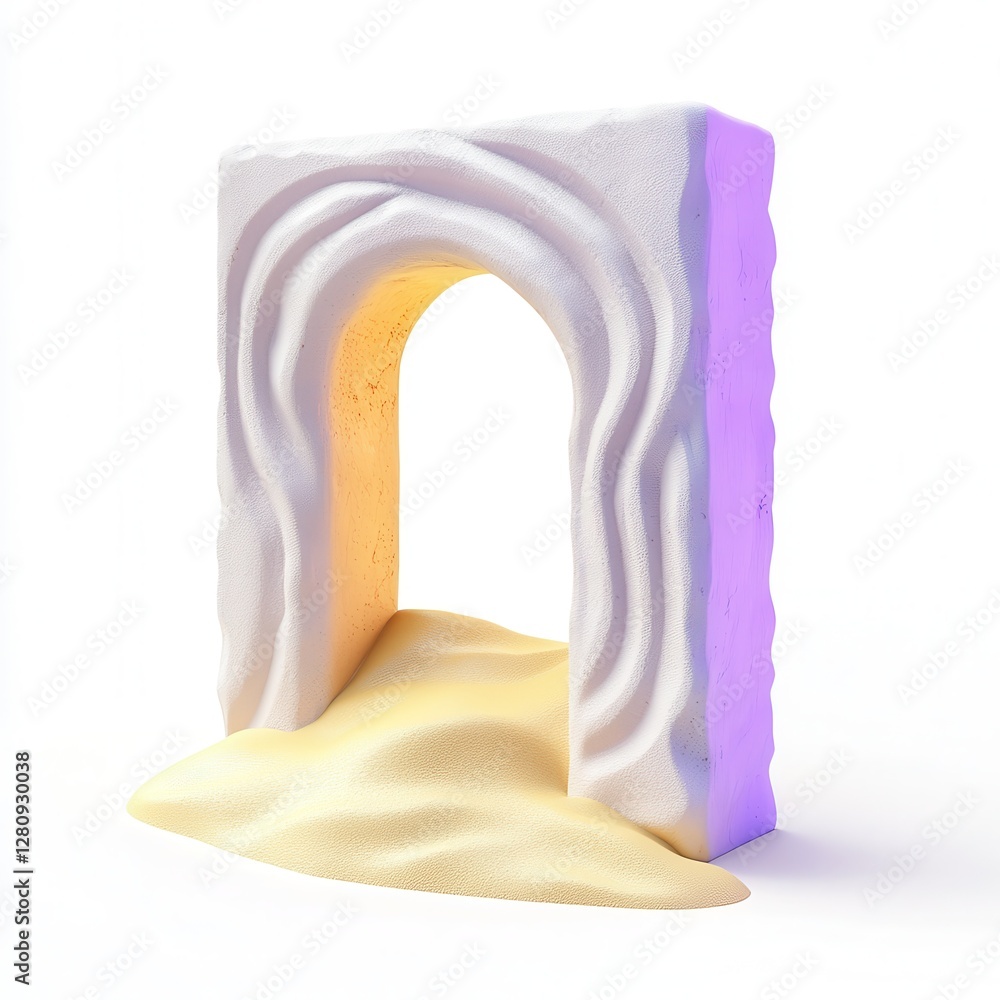Poster a stylized archway resembling sand and waves, with soft colors and a smooth texture, creating a surr