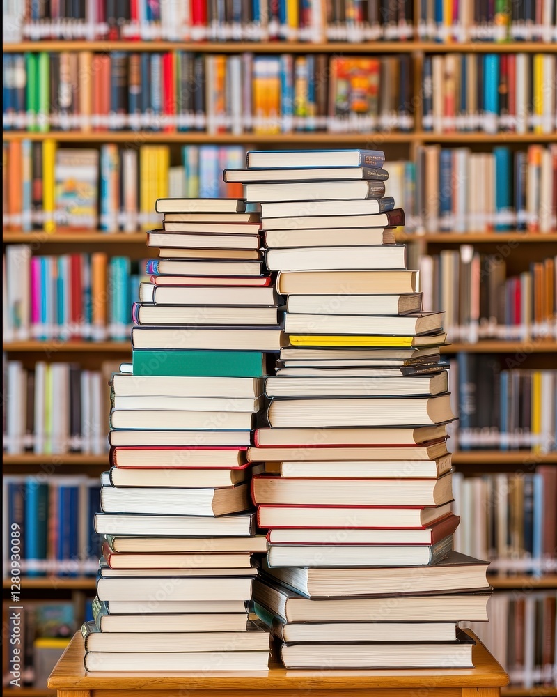 Poster large stack of books in library setting education reading knowledge concept
